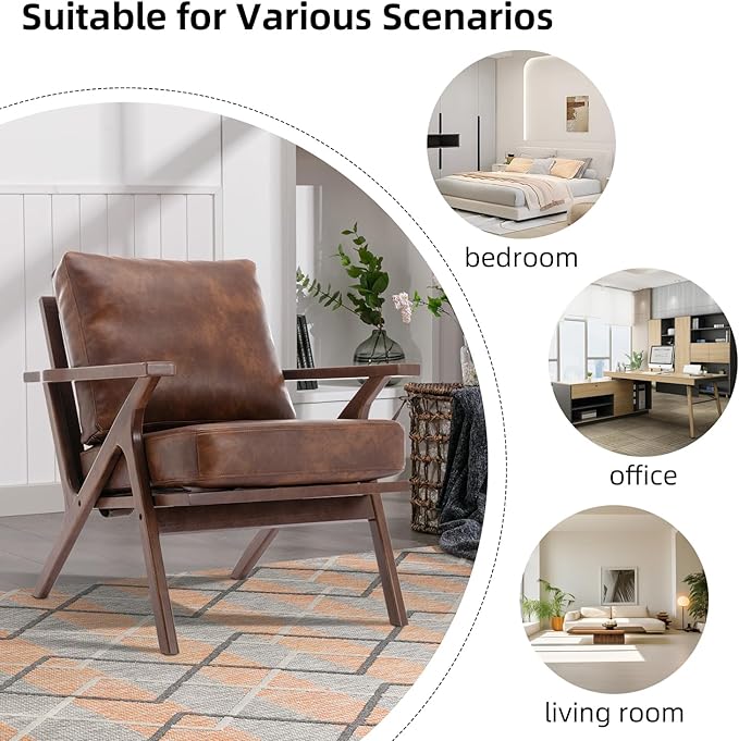 INZOY Mid-Century Modern Accent Chair Set of 2, PU Leather Living Room Chair and Soft Thick Padded Armchair for Living Room Bedroom Reception with Removable Upholstered Cushions, Reddish Brown