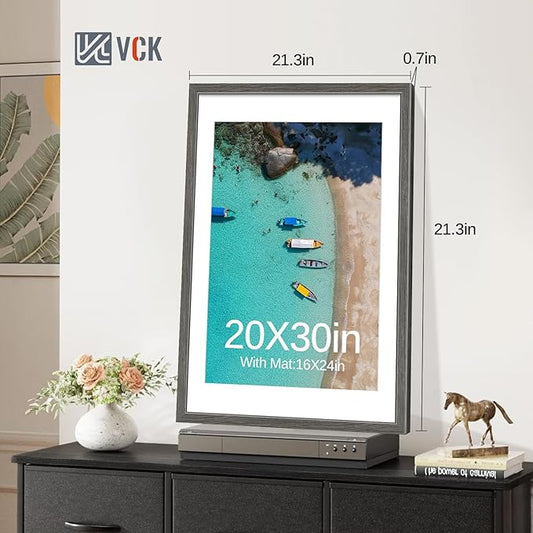 VCK 20x30 Poster Frame 5 Pack - Grey, High-End Wood Picture Frames with Polished Plexiglass, Display 16x24 Photo with Mat or 20x30 without Mat, Art Gallery-Quality, Wall Hanging, Grey