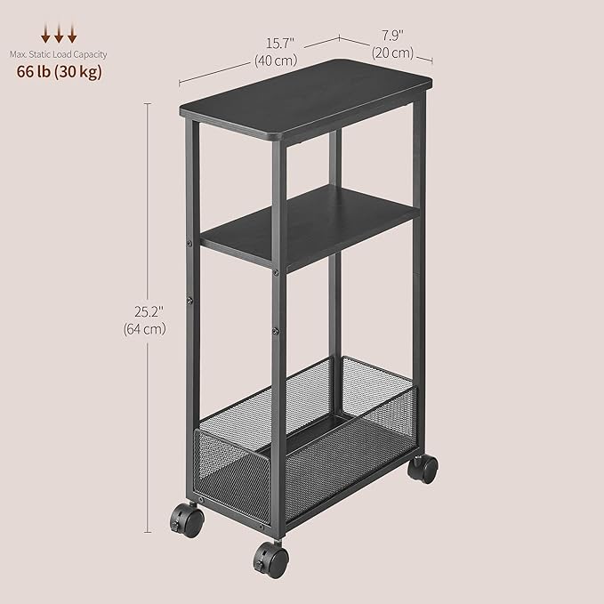 Side Table with Wheels of 2, Narrow Side Table with 3-Layer Storage Shelves, Slim Nightstand, Metal Frame, for Small Spaces, Living Room, Bedroom, 7.9" W x 15.7" D x 25.2" H, Black