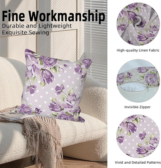 Purple Flower Throw Pillow Covers 18"x18" Set of 4, Vintage Roses Floral Couch Pillowcases for Chair Sofa Bed Living Room Office Car Garden Patio Farmhouse Indoor Outdoor Decorative