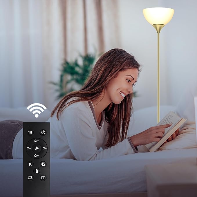 PESRAE Floor Lamp, Remote Control with Stpeless Color Temperatures and Brightness, Torchiere lamp for Bedroom, Living Room, Bulb Included