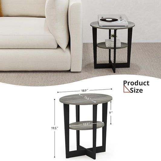 Small End Table Set of 2, Round Side Tables with 2-Tier Open Storage, Coffee Table for Living Room, Apartment, Home Office, Small Spaces, Grey