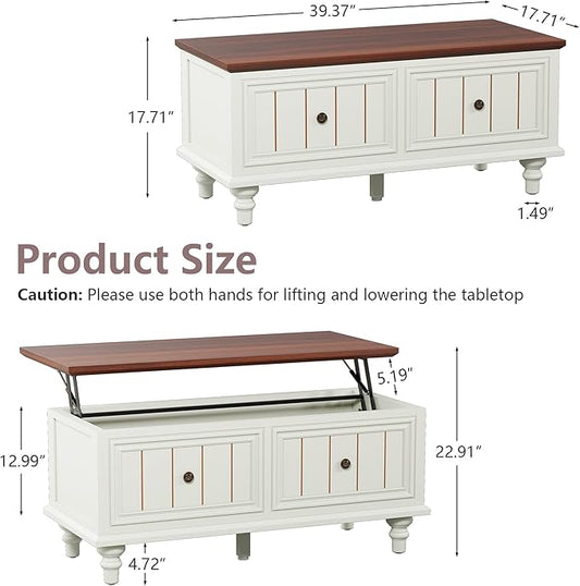 Lift Top Coffee Table for Hidden Compartment, 39" Wood Rectangular Center Table with Lift Tabletop, Sturdy Space-Saving Dining Table for Living Room Home Office Small Space (Beige)