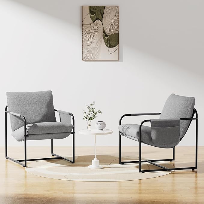 HOMMPA Sling Accent Chair, Steel Frame Lounge Arm Chair Living Room Chair with Side Storage Pocket, Reading Accent Chair Mid Century Modern Bedroom Chair Linen Fabric Cover, Flax