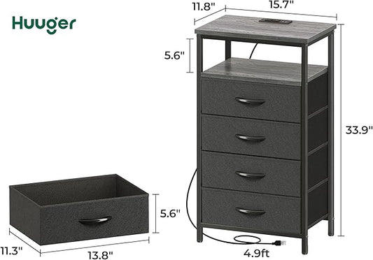 Huuger Night Stand with Charging Station, 4 Drawer Dresser for Bedroom, Bedside Table, 33.9 Inch Tall Nightstand with Open Shelf, End Table, for Closet, Entryway, Bedroooom, Gray