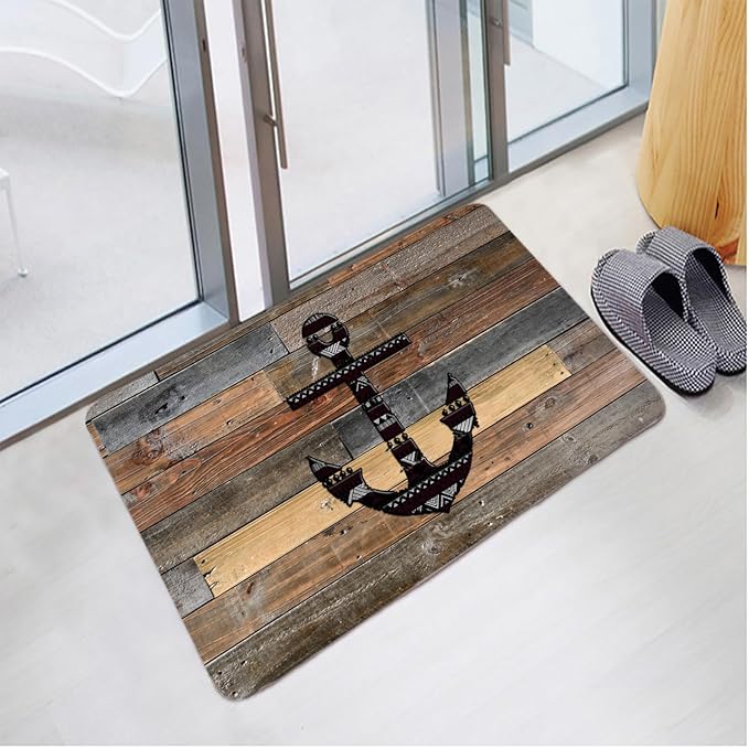 Bath Rugs Sponge Foam Absorbent Soft for Bathroom and Kitchen (21X35.5 inches),Flannel Mat Non Slip Bright 3D Print for Bedside and Living Room(Old Wooden Plank Anchor)