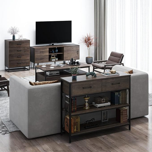 HITHOS Industrial Console Table with Drawers, Vintage Hallway Foyer Table with Storage Shelves, Narrow Long Sofa Entryway Table for Living Room, Dark Brown