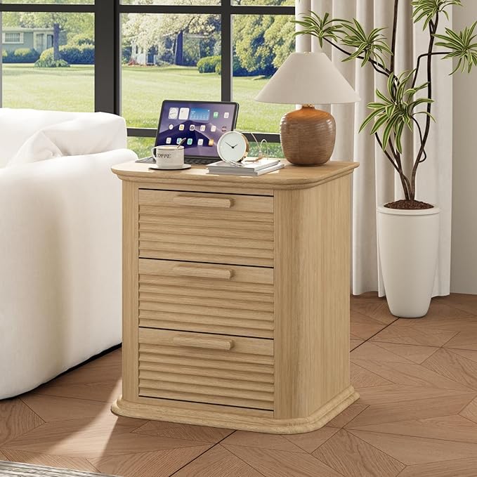 22'' Fluted Nightstand with Charging Station Set of 2, Modern End Table with 3 Drawers and Storage, Wood Side Table Dresser with Round Corner for Bedroom, Living Room, Curved Profile, Natural Oak
