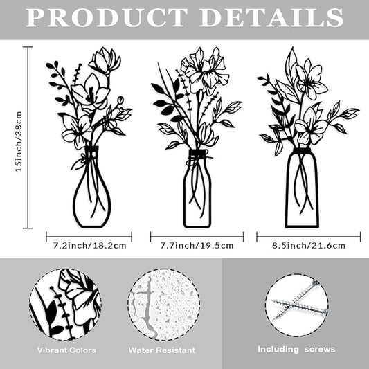 ARTINME 3 Pieces Metal Flowers Wall Arts - Rustic Farmhouse Decor Minimalist Flower Wall Decors for Living room Bathroom Kitchen Bedroom Dining Room - Housewarming Gifts (Black)