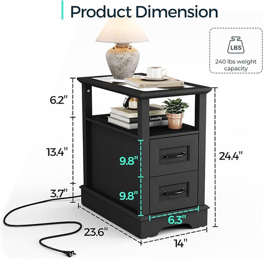 LINSY HOME Narrow End Table with Charging Station, Side Table with Glass Top, Open Shelf, and 2 Drawers, Small Sofa Table with Storage for Living Room, Black