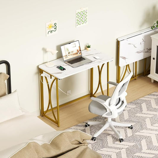 Folding Desk, 31.5" Small Desk for Bedroom with Power Outlet, Space Saving Foldable Computer Desk for Home Office, Easy Assembly, White and Gold