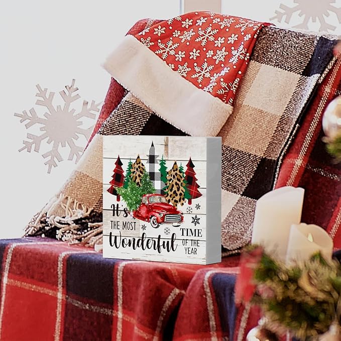 Rustic Winter Merry Christmas Tree Wood Box Sign, It's the Most Wonderful Time of the Year Truck Farmhouse Christmas Santa Artwork Decor, Home Shelf Office Decoration 5 x 5 Inches