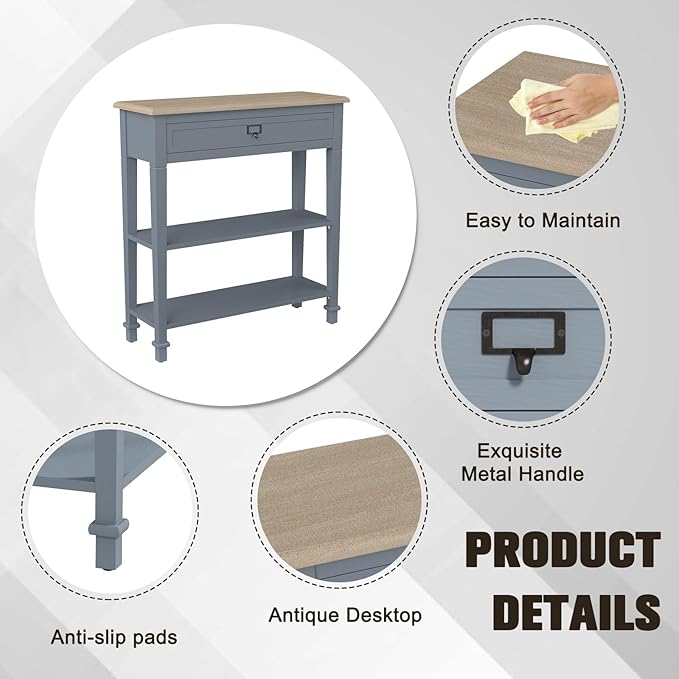 kinbor Skinny Console Table - Narrow Sofa Tables with Drawer and Storage Shelves for Front Door Entryway Hallway Living Room, Grey