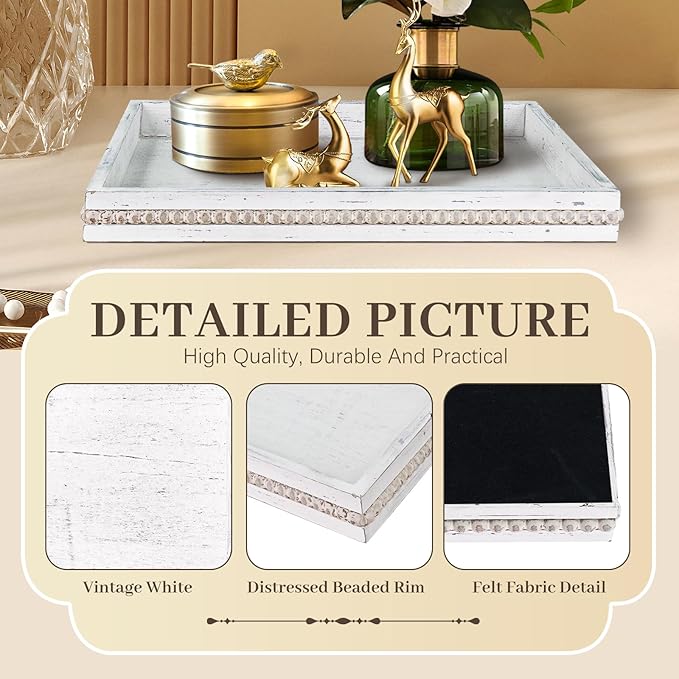 Wooden Decorative Tray, Rectangular Serving Tray with Wood Bead, Farmhouse Big Tray for Ottoman, Countertop, Coffee Tabl, 16.5" x 13"x 1.6" (Retro White)