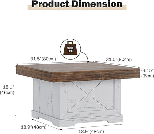 Coffee Table 31.5 in Farmhouse Center Table with X Design Wooden Pedestal for Living Room, Small Square Home Office Tea Accent Table for Dining Room Apartment, Antique White