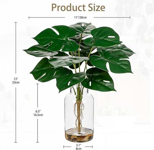 DILATATA Artificial Monstera Stems in Glass Vase with Faux Water and Real Stones 13" Fake Greenery Plant Monstera Leaves for Home Office Farmhouse Bathroom Bedroom Kitchen Table Centerpiece Decor