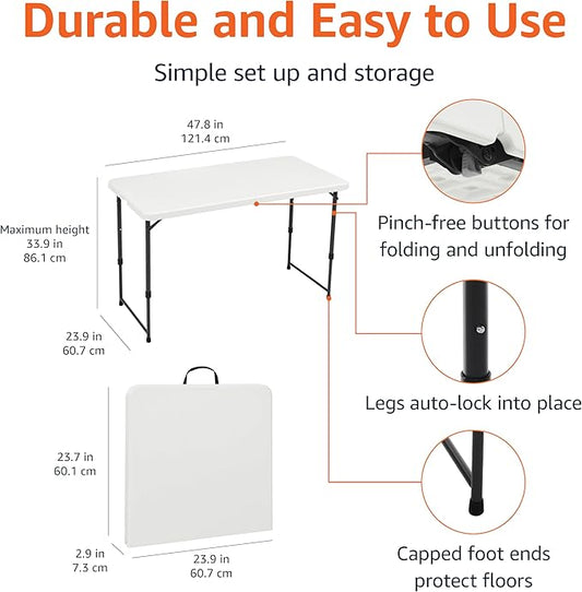 Amazon Basics 4 Foot Rectangular Folding Dining Table, 4 Adjustable Height Settings with Carrying Handle, Indoor & Outdoor, White, 47.8 x 23.9 x 33.9 in