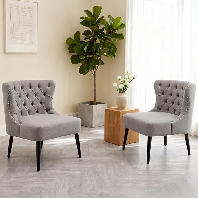 chairus Tufted Slipper Accent Chair, Armless Linen Living Room Chair with Nailhead Trim, Mid-Century Modern Upholstered Wingback Side Chair for Bedroom Reception Apartment Office, Grey