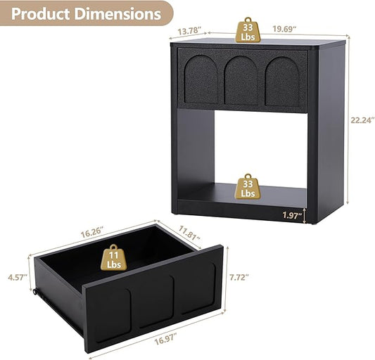 Wood Nightstand, 19.69" Wide Bedside Table with Arched Finish, Modern Night Stands with Curved Profile, Mid Century End Table for Bedroom Living Room (Black)