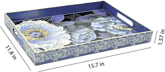 Serving Tray with Handles, 15.7 * 11.8 inches, Plastic Ottoman Tray with Exquisite Paintings, Trays for Coffee Table