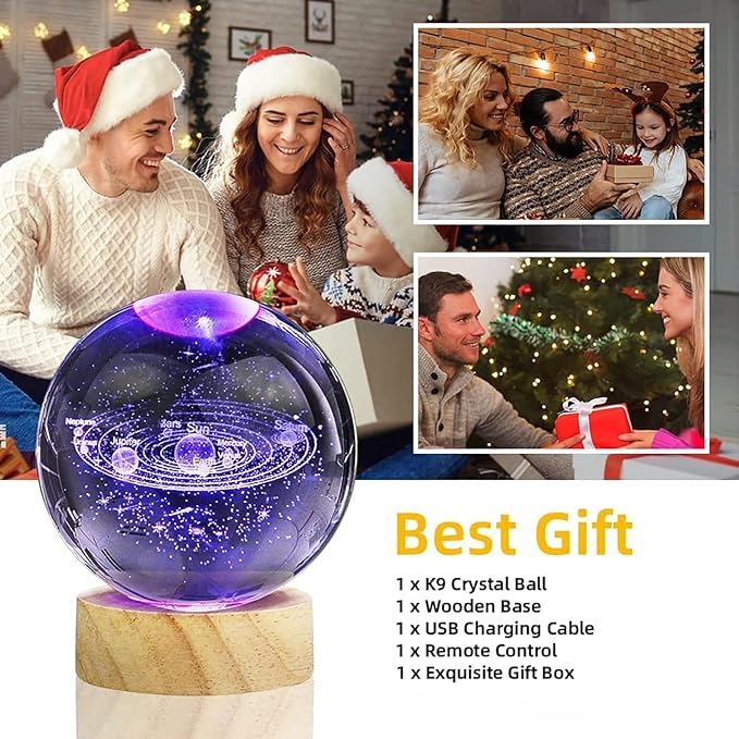3D Solar System Crystal Ball Lamp with 16 Colors LED Wooden Base, Upgraded 3.15 Inch Solar Night Light with Remote Control, Home Decor Living Room Office Bedroom Lamp