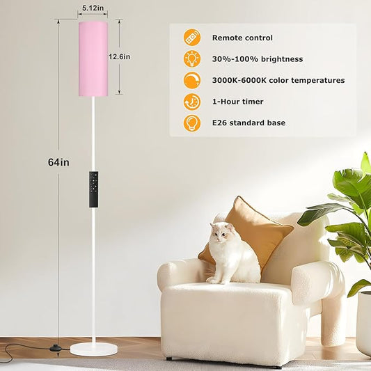 Ambimall 64'' Floor Lamps for Living Room with Remote Control and Stepless Dimmable Colors Temperature & Brightness, 9W Bulb Included(Pink Lampshade & White Pole)