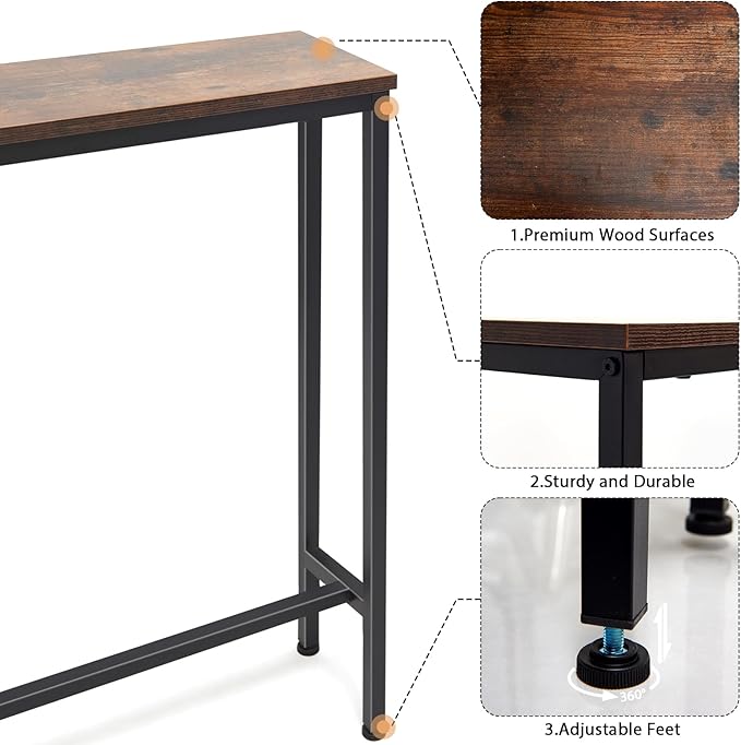 63 Inch Sofa Table,Narrow Console Table with Power Outlet,Slim Entryway Table for Living Room,Hallway,Bedroom(Rustic Brown)