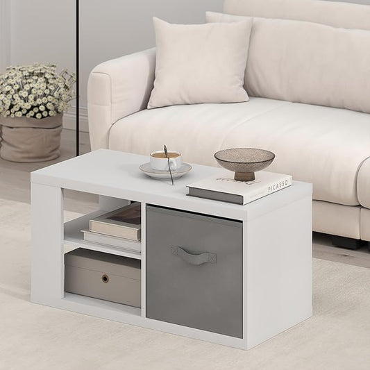 Furinno Viola Coffee Table, 3-Tier Modern Coffee Table with 1.2" Thick Tabletop, Side Table with Open Shelf and Storage Bin, for Living Room, Bedroom, Home Office, White/Light Grey