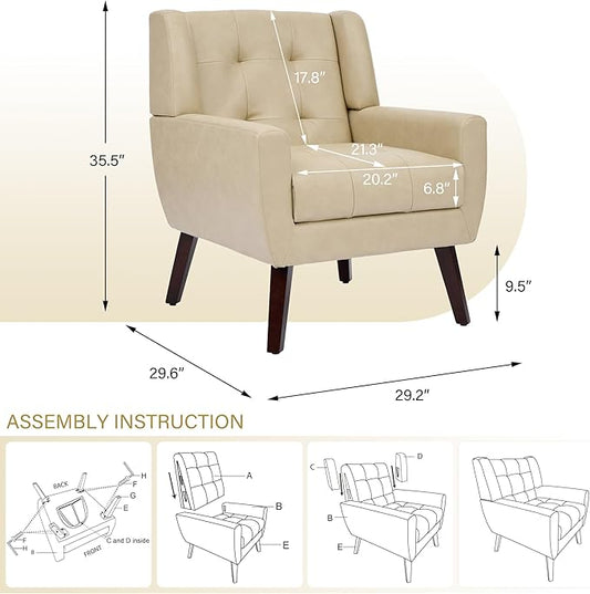 Pia Ricco 2 Pack Mid Century Modern Accent Chairs, Button Tufted Faux Leather Armchairs - Easy-Clean Matching Set for Living Room, Durable Sofa Chairs for Home Office & Lounge, Cream