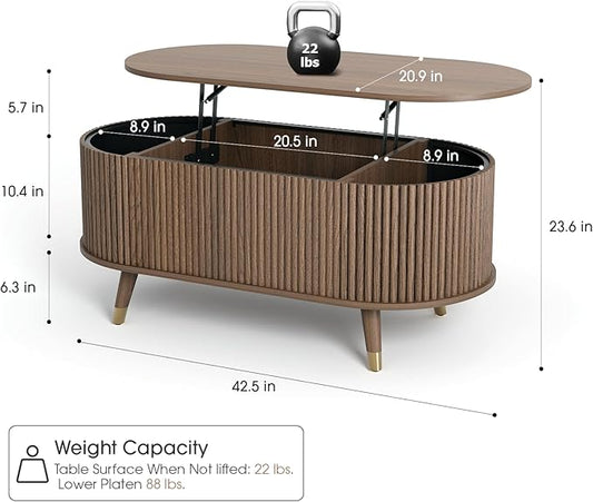 Oval Coffee Table with Storage,42.5” Fluted Coffee Table with Lifting Top & Solid Wood Legs,Modern Lift Up Center Table for Living Room,Home Office,Walnut