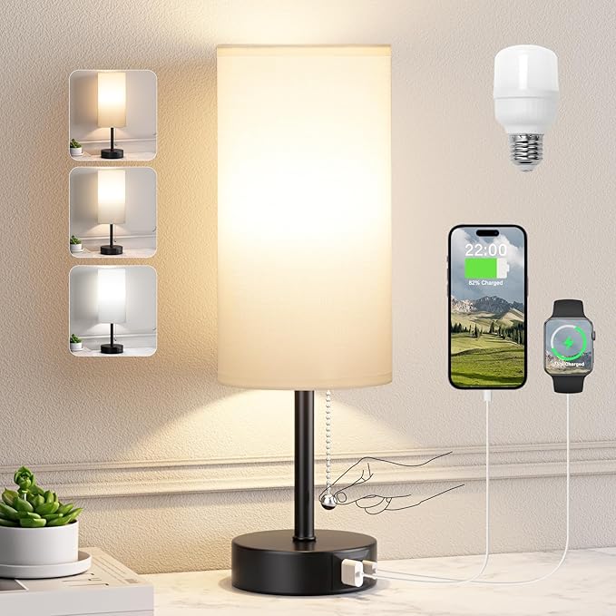 White Table Bedside Lamp for Bedroom Nightstand - Small Lamp with USB A + C Charging Port, 3 Color Temperatures Pull Chain Night Stand Light with Bulb, Side Table Desk Reading Lamp for Living Room