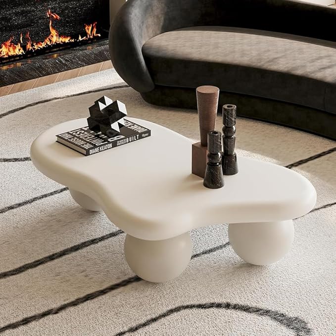 40" Irregular Cloud Coffee Table Asymmetrical Tea Table Low Coffee Table Unique Center Tables with 3 Ball Legs for Living Room Office Apartment Modern Furniture Cream White