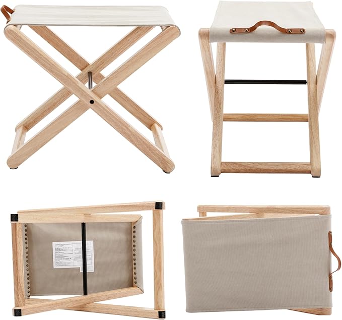 Folding Camping Stools Set of 6, Canvas Folding Stool with Wood Legs Portable Camp Stool Chairs for Outdoor Fishing Picnic Travel BBQ, Beige