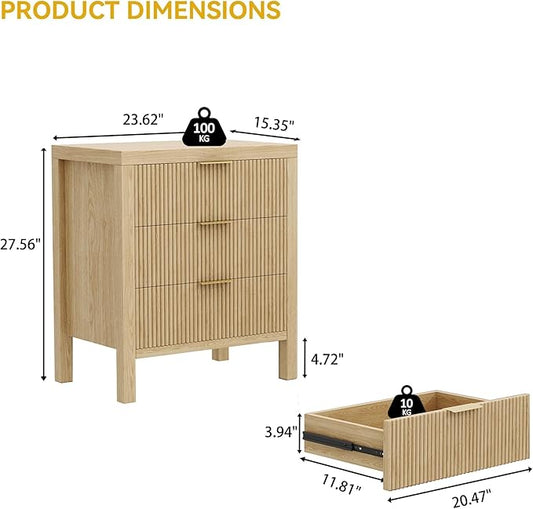 End Table with Storage, Wooden Farmhouse Nightstands with 3 Drawers, Bedside Table - Boho Tall Side Table Accent for Bedroom, Living Room, Nature