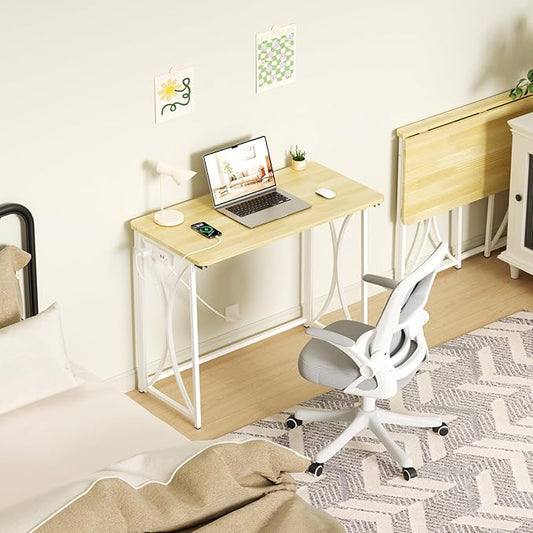 Mini Desk, 31.5" Small Desk for Bedroom with Power Outlet, Foldable Desks for Small Spaces & Home Office, Easy Assembly, Beige Floor Patten