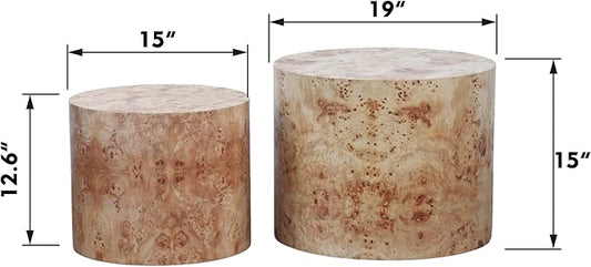 Nesting Coffee Table Set of 2 for Living Room, Modern Round Wooden Circle Accent Side Tables for Small Spaces, Bedroom, Balcony, Office, Natural Burl Finish (19"+15")