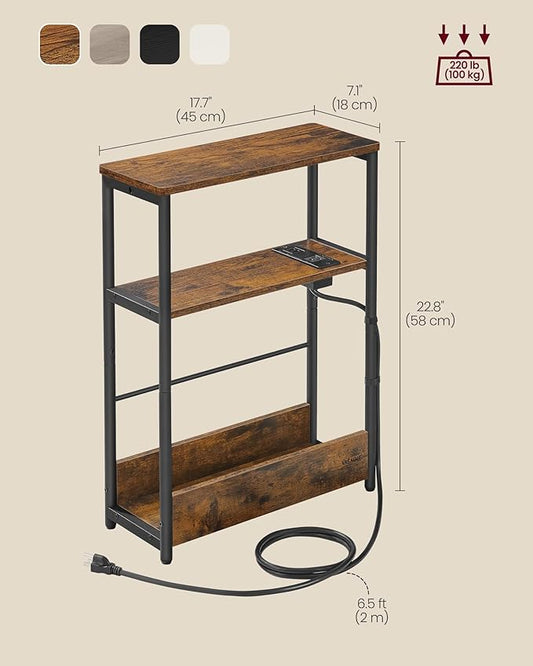 VASAGLE Side Table with Charging Station, Narrow End Table, 3-Tier Nightstand, Sofa Table for Small Spaces, Magazine Rack, for Living Room, Bedroom, Study, Rustic Brown and Ink Black ULET335K01