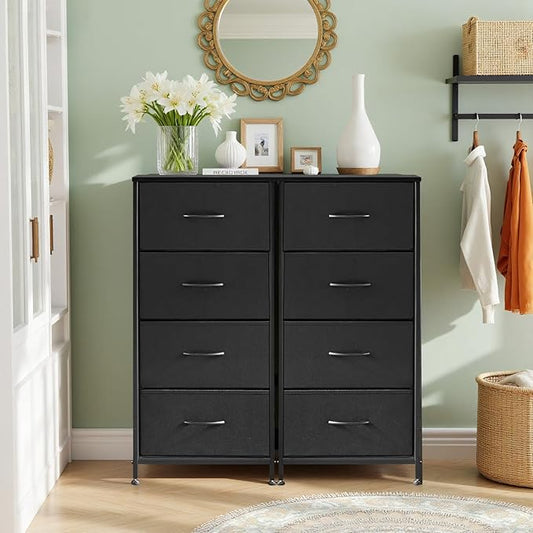 Nightstand, 4 Drawer Dresser End Table Bedside Furniture with Wooden Top Steel Frame Fabric Bins for Bedroom, Closet, Entryway, Dorm, Living Room, Black