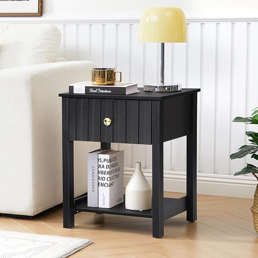 Wood Nightstand Set of 2, 21.65" H Bedside Table with Wide Fluted Finish, Modern Night Stands with Drawer, Mid Century End Table for Bedroom (Black-2 Packs)