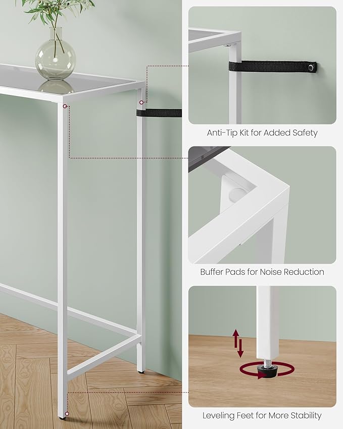 VASAGLE Entryway Table, Console Table, Tempered Glass Tabletop, Modern Sofa Table, Easy Assembly, with Adjustable Feet, for Living Room, Entryway, Pearl White and Slate Gray ULGT026W01