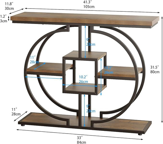 GiftGo Narrow Console Table for Entryway Industrial 4-Tier Sofa Table Behind Couch with Circle Base Rustic Wooden Accent Tables with Storage Shelves for Living Room, Hallway, Foyer (Brown)