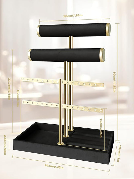 3 Tier Jewelry Organizer Stand with Detachable Ring Tray, Multi-functional necklace Holder for Bracelet, Earring, Elegant Closet Decor Gift for Women (Black)