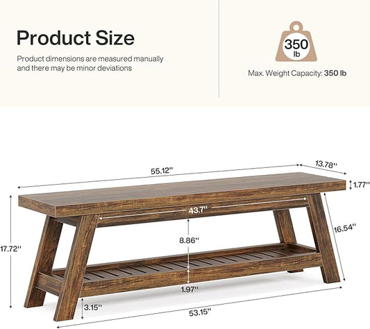 Tribesigns 55" Large Wood Entryway Bench with Shoe Storage, 2-Tier Rustic Brown Narrow Hallway Foyer Seating Bench with Open Shelves for Entryway, Bedroom, Mudroom