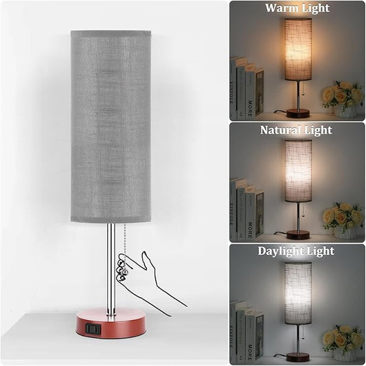 Dott Arts 18" Table Lamp for Bedroom, 3-Color Bedside Lamps with Pull Chain, Bedroom Table Lamps for Nightstand,AC Outlet Small Lamp for Living Room, Bulb Included Grey
