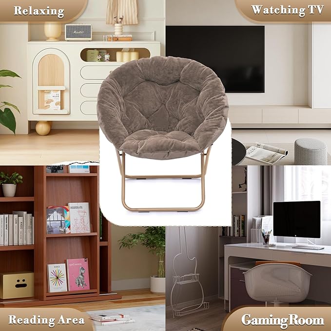 Athena Collection Saucer Chair with Ottoman Comfy Chair for Bed Room Living Room Folding Round Cozy Chair Faux Fur Metal Frame Foldable Lazy Chair Accent Chair Reading Chair, Brown