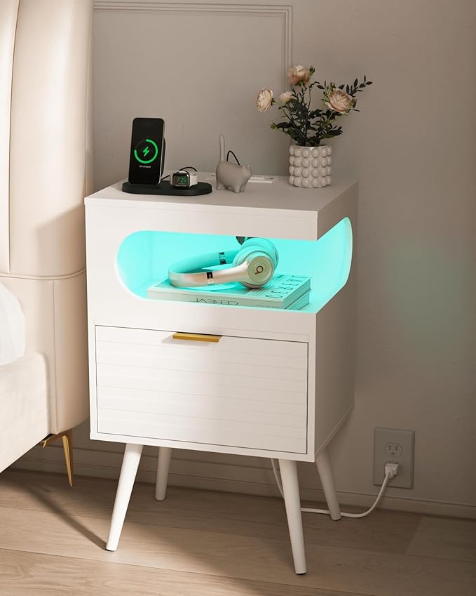 White Nightstand with Charging Station and LED Lights,Modern Bedside Table with Storage Drawer,Night Stand with Solid Wood Legs,White (White-1)