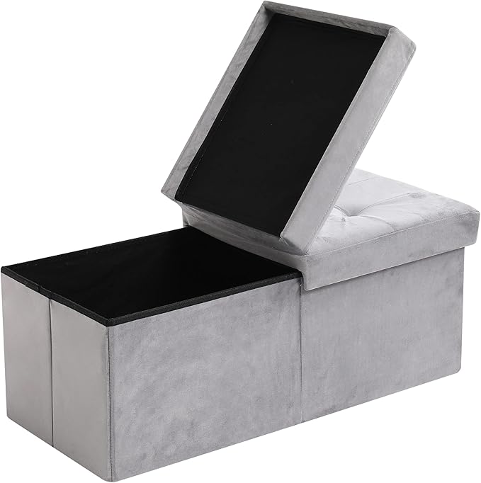 CUYOCA Storage Ottoman Bench Foldable Seat Footrest Shoe Bench End of Bed Storage with Flipping Lid, 75L Storage Space, 30 inches Velvet Light Grey