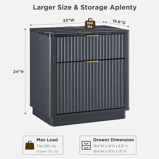 T4TREAM 23'' Fluted Nightstand with Charging Station, Large 2 Drawer Bedside Table, Modern End Table with Storage, Mid Century Night Stand for Bedroom, Living Room, Curved Profile, Dark Grey