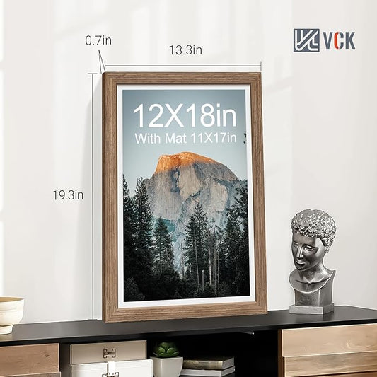 VCK 12x18 Picture Frame 5 Pack - Walnut, High-End Wood Poster Frames with Tempered Glass, Display 11x17 Photo with Mat or 12x18 without Mat, Art Gallery-Quality, Wall Hanging, Walnut