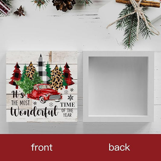 Rustic Winter Merry Christmas Tree Wood Box Sign, It's the Most Wonderful Time of the Year Truck Farmhouse Christmas Santa Artwork Decor, Home Shelf Office Decoration 5 x 5 Inches